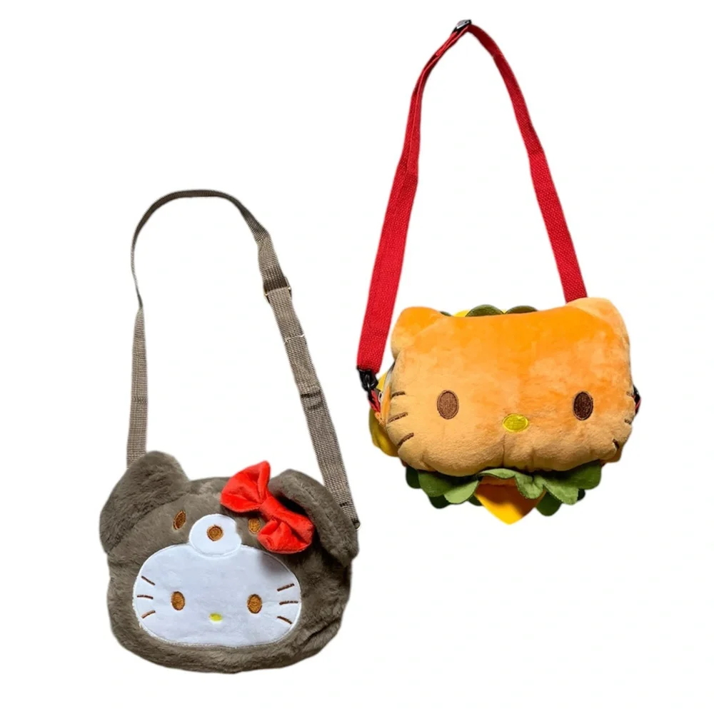 Hello Kitty Crossbody Purses Teddy‎ Bear Cheeseburger Plush Bags Bundle 2pc